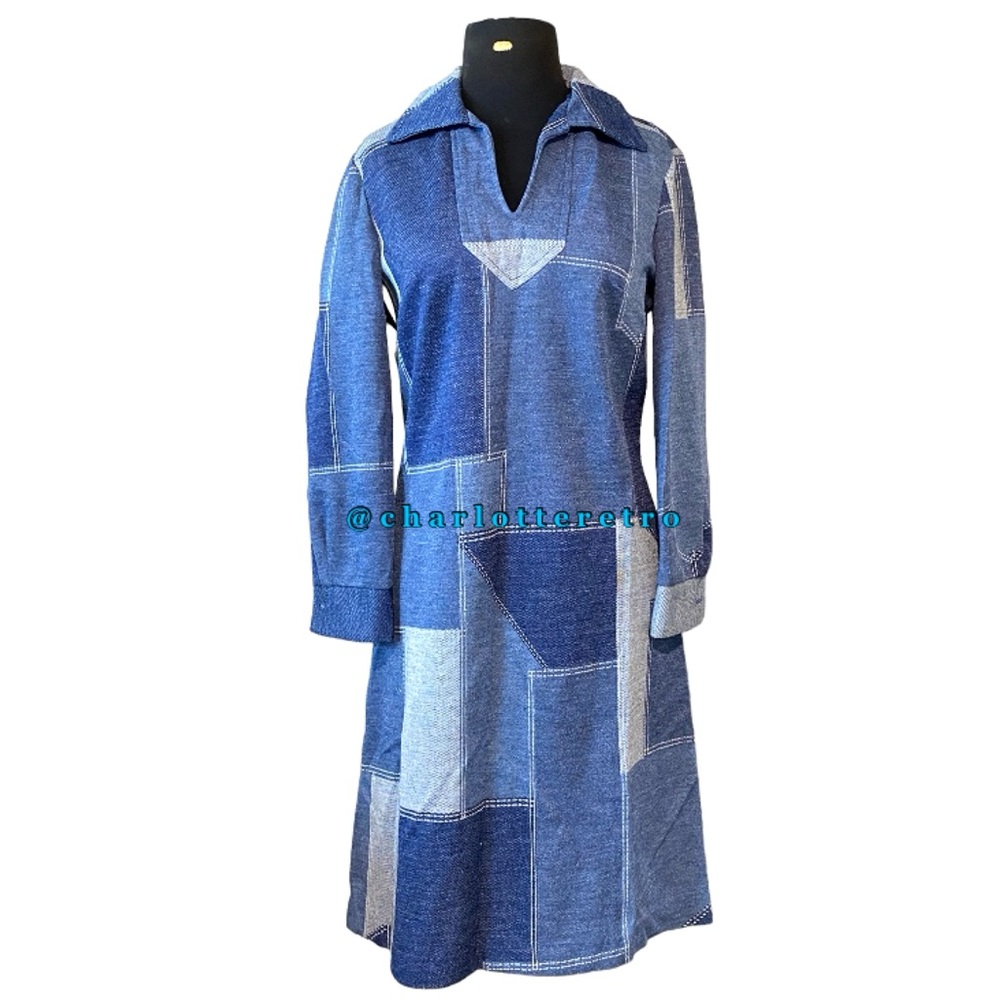 70s vtg Patchwork Poly Knit Dress